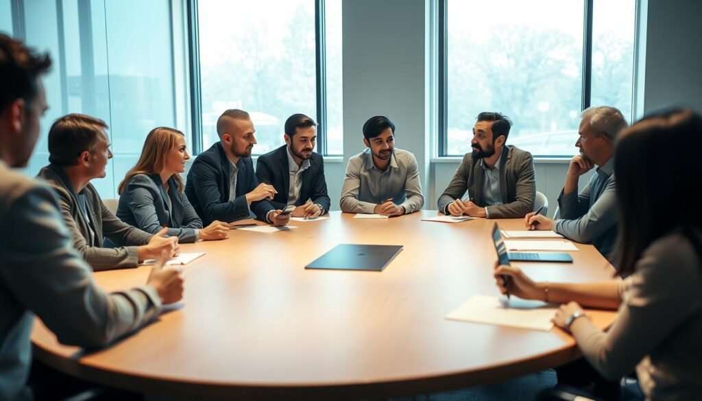 A boardroom table with team members gathered around, engaged in a collaborative discussion. The room is well-lit, with natural light streaming in through large windows, creating a warm and inviting atmosphere. The team members have a mix of focused expressions, with some taking notes and others gesturing animatedly. The table is adorned with a simple, minimalist design, allowing the team's interactions to be the focal point. The overall scene conveys a sense of productive, high-performance teamwork, perfectly aligned with the article's subject and section title. A boardroom table with team members gathered around, engaged in a collaborative discussion. The room is well-lit, with natural light streaming in through large windows, creating a warm and inviting atmosphere. The team members have a mix of focused expressions, with some taking notes and others gesturing animatedly. The table is adorned with a simple, minimalist design, allowing the team's interactions to be the focal point. The overall scene conveys a sense of productive, high-performance teamwork, perfectly aligned with the article's subject and section title.