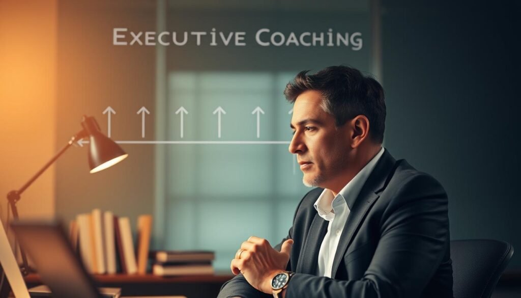 A business executive seated at a desk, deep in thought, the soft glow of a desk lamp illuminating their face. Behind them, a visual representation of the coaching process unfolds - a timeline of milestones, with arrows guiding the journey. The background is subtly blurred, allowing the executive and the coaching process to take center stage. The lighting is warm and inviting, creating a contemplative atmosphere. The overall scene conveys the thoughtful and transformative nature of executive coaching. A business executive seated at a desk, deep in thought, the soft glow of a desk lamp illuminating their face. Behind them, a visual representation of the coaching process unfolds - a timeline of milestones, with arrows guiding the journey. The background is subtly blurred, allowing the executive and the coaching process to take center stage. The lighting is warm and inviting, creating a contemplative atmosphere. The overall scene conveys the thoughtful and transformative nature of executive coaching.