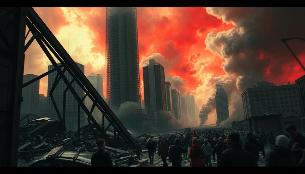 A detailed, cinematic photograph of a crumbling cityscape in the midst of a crisis. The foreground depicts a fallen skyscraper, its steel beams and shattered glass framing a chaotic urban scene. In the middle ground, panicked citizens flee amidst billowing clouds of smoke and debris. The background is obscured by a lurid, blood-red sky, hinting at the severity of the calamity. The lighting is harsh and dramatic, casting deep shadows that amplify the sense of despair and turmoil. The overall atmosphere is one of overwhelming tension and upheaval, capturing the essence of a crisis and its profound impact on the human experience. A detailed, cinematic photograph of a crumbling cityscape in the midst of a crisis. The foreground depicts a fallen skyscraper, its steel beams and shattered glass framing a chaotic urban scene. In the middle ground, panicked citizens flee amidst billowing clouds of smoke and debris. The background is obscured by a lurid, blood-red sky, hinting at the severity of the calamity. The lighting is harsh and dramatic, casting deep shadows that amplify the sense of despair and turmoil. The overall atmosphere is one of overwhelming tension and upheaval, capturing the essence of a crisis and its profound impact on the human experience.