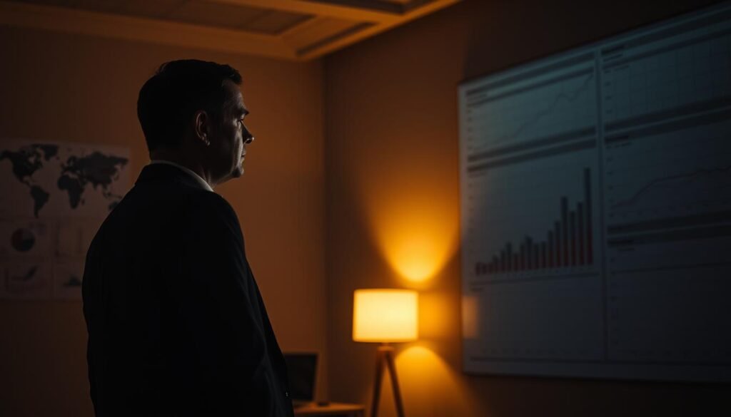 A dimly lit office space, the air thick with tension. A lone executive, brow furrowed, stands before a wall covered in charts and graphs, contemplating the path forward. Soft, warm lighting casts long shadows, highlighting the weight of the decision. The scene exudes a sense of transition, of a critical moment of organizational change. The executive's posture conveys both resolve and uncertainty, the future uncertain. Captured with a cinematic, medium-format lens, the image evokes the gravity of the "Momento de cambio organizacional" - a pivotal crossroads where bold action is required. A dimly lit office space, the air thick with tension. A lone executive, brow furrowed, stands before a wall covered in charts and graphs, contemplating the path forward. Soft, warm lighting casts long shadows, highlighting the weight of the decision. The scene exudes a sense of transition, of a critical moment of organizational change. The executive's posture conveys both resolve and uncertainty, the future uncertain. Captured with a cinematic, medium-format lens, the image evokes the gravity of the "Momento de cambio organizacional" - a pivotal crossroads where bold action is required.