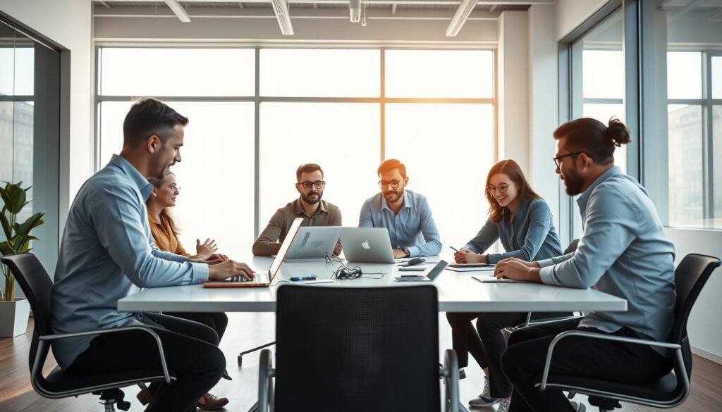 A dynamic team of skilled professionals collaborating in a modern, well-lit office space. The group gathers around a sleek, minimalist conference table, engaged in a lively discussion. Bright natural light streams in through large windows, casting a warm glow on the scene. Laptops, tablets, and other high-tech tools are scattered across the table, reflecting the team's commitment to innovation and productivity. The atmosphere is one of focus, creativity, and camaraderie as the team works in perfect synergy towards their shared goals. A hyper realistic, cinematic composition that captures the essence of a high-performance work environment. A dynamic team of skilled professionals collaborating in a modern, well-lit office space. The group gathers around a sleek, minimalist conference table, engaged in a lively discussion. Bright natural light streams in through large windows, casting a warm glow on the scene. Laptops, tablets, and other high-tech tools are scattered across the table, reflecting the team's commitment to innovation and productivity. The atmosphere is one of focus, creativity, and camaraderie as the team works in perfect synergy towards their shared goals. A hyper realistic, cinematic composition that captures the essence of a high-performance work environment.