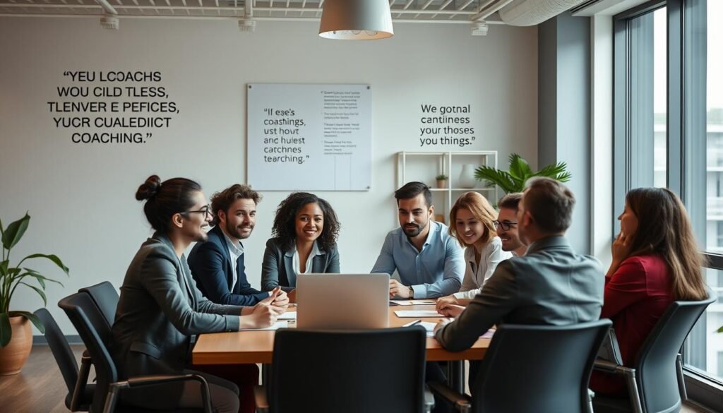 A group of diverse business professionals engaged in a constructive team-building session, with a positive and collaborative atmosphere. The scene depicts a well-lit modern office space, with large windows allowing natural light to fill the room. The team members are seated around a conference table, actively discussing ideas and strategies, their expressions conveying a sense of camaraderie and mutual understanding. In the background, motivational quotes and inspirational artwork adorn the walls, reinforcing the benefits of effective coaching in cultivating high-performing teams. A group of diverse business professionals engaged in a constructive team-building session, with a positive and collaborative atmosphere. The scene depicts a well-lit modern office space, with large windows allowing natural light to fill the room. The team members are seated around a conference table, actively discussing ideas and strategies, their expressions conveying a sense of camaraderie and mutual understanding. In the background, motivational quotes and inspirational artwork adorn the walls, reinforcing the benefits of effective coaching in cultivating high-performing teams.