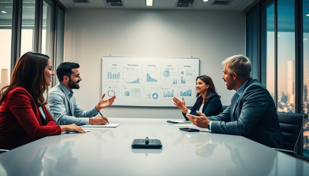A group of professional business executives working together in a modern and well-lit office setting. In the foreground, four people are seated around a polished conference table, engaging in a lively discussion with animated hand gestures and focused expressions. The middle ground features a large whiteboard on the wall, with detailed charts and diagrams illustrating key concepts. The background showcases a panoramic city skyline visible through floor-to-ceiling windows, bathed in warm, natural light. The overall scene conveys a sense of collaborative problem-solving, strategic planning, and team cohesion. A group of professional business executives working together in a modern and well-lit office setting. In the foreground, four people are seated around a polished conference table, engaging in a lively discussion with animated hand gestures and focused expressions. The middle ground features a large whiteboard on the wall, with detailed charts and diagrams illustrating key concepts. The background showcases a panoramic city skyline visible through floor-to-ceiling windows, bathed in warm, natural light. The overall scene conveys a sense of collaborative problem-solving, strategic planning, and team cohesion.