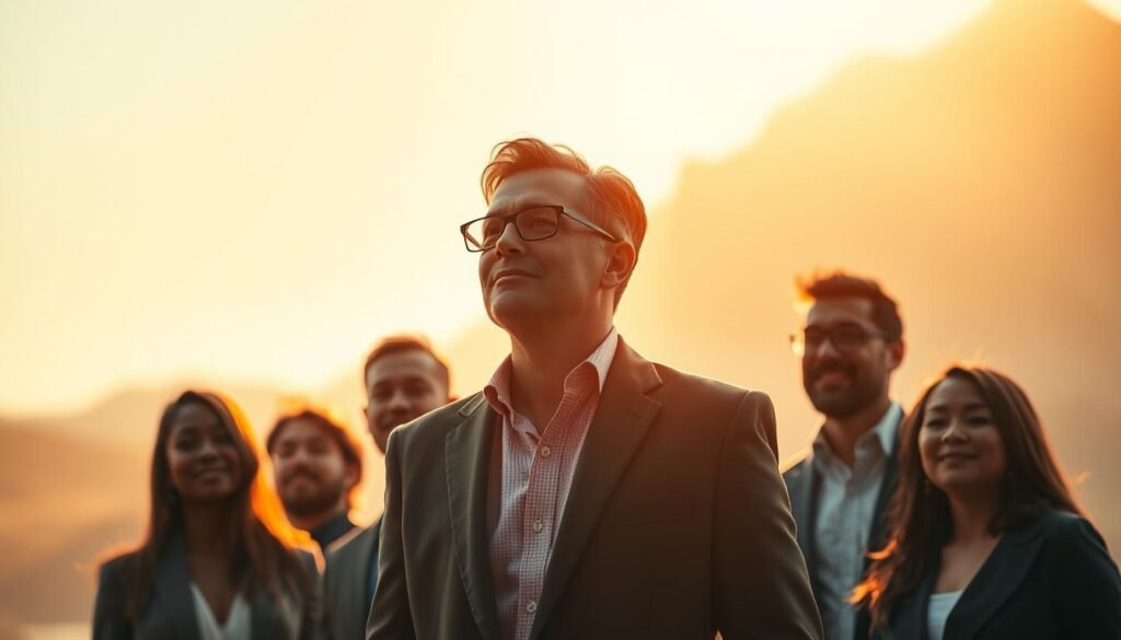 A high-achieving executive, standing tall and confident, surrounded by a dynamic team. The scene is bathed in warm, golden light, illuminating the leader's resolute gaze and the collaborative, empowered energy of the group. The composition is crisp and cinematic, with a slightly elevated camera angle to convey a sense of aspiration and authority. The background is a blurred, abstract landscape, hinting at the global scale of the organization's impact. The overall mood is one of inspiration, transformation, and the power of strategic leadership to elevate both individuals and the collective. A high-achieving executive, standing tall and confident, surrounded by a dynamic team. The scene is bathed in warm, golden light, illuminating the leader's resolute gaze and the collaborative, empowered energy of the group. The composition is crisp and cinematic, with a slightly elevated camera angle to convey a sense of aspiration and authority. The background is a blurred, abstract landscape, hinting at the global scale of the organization's impact. The overall mood is one of inspiration, transformation, and the power of strategic leadership to elevate both individuals and the collective.