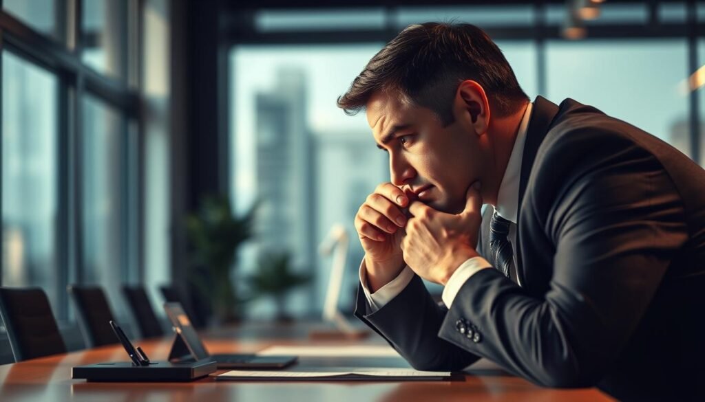 A high-quality, hyper-realistic photograph of a business executive deep in thought, leaning over a desk in a modern, well-lit office space. The executive is dressed in a tailored suit, with a pensive expression on their face, suggesting deep contemplation or focus. The desk is clean and uncluttered, save for a few carefully placed office accessories. The background is blurred, creating a sense of depth and drawing the viewer's attention to the subject. Warm, directional lighting casts soft shadows, adding depth and dimension to the scene. The overall mood is one of professionalism, concentration, and the thoughtful pursuit of effective communication. A high-quality, hyper-realistic photograph of a business executive deep in thought, leaning over a desk in a modern, well-lit office space. The executive is dressed in a tailored suit, with a pensive expression on their face, suggesting deep contemplation or focus. The desk is clean and uncluttered, save for a few carefully placed office accessories. The background is blurred, creating a sense of depth and drawing the viewer's attention to the subject. Warm, directional lighting casts soft shadows, adding depth and dimension to the scene. The overall mood is one of professionalism, concentration, and the thoughtful pursuit of effective communication.