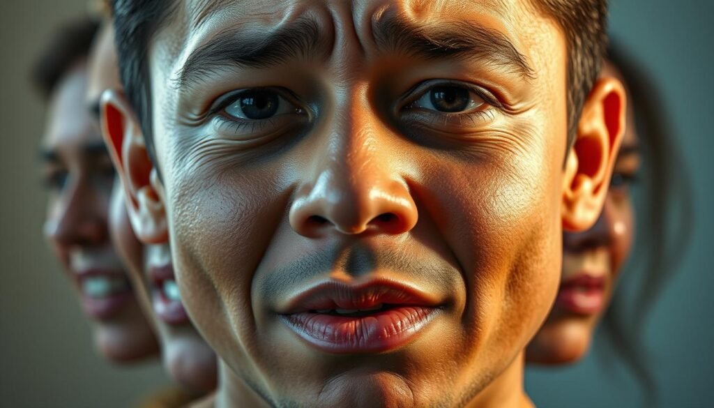 A high-resolution, hyper-realistic photograph of a person's face displaying a wide range of human emotions, from joy and excitement to sadness and contemplation. The face is the central focus, filling the frame with intricate detail and subtle expressions. The lighting is soft and natural, casting gentle shadows that accentuate the contours of the face. The background is slightly blurred, putting the emphasis entirely on the emotional depth and nuance of the subject's features. The overall mood is one of introspection and the importance of understanding and embracing one's own emotional intelligence.