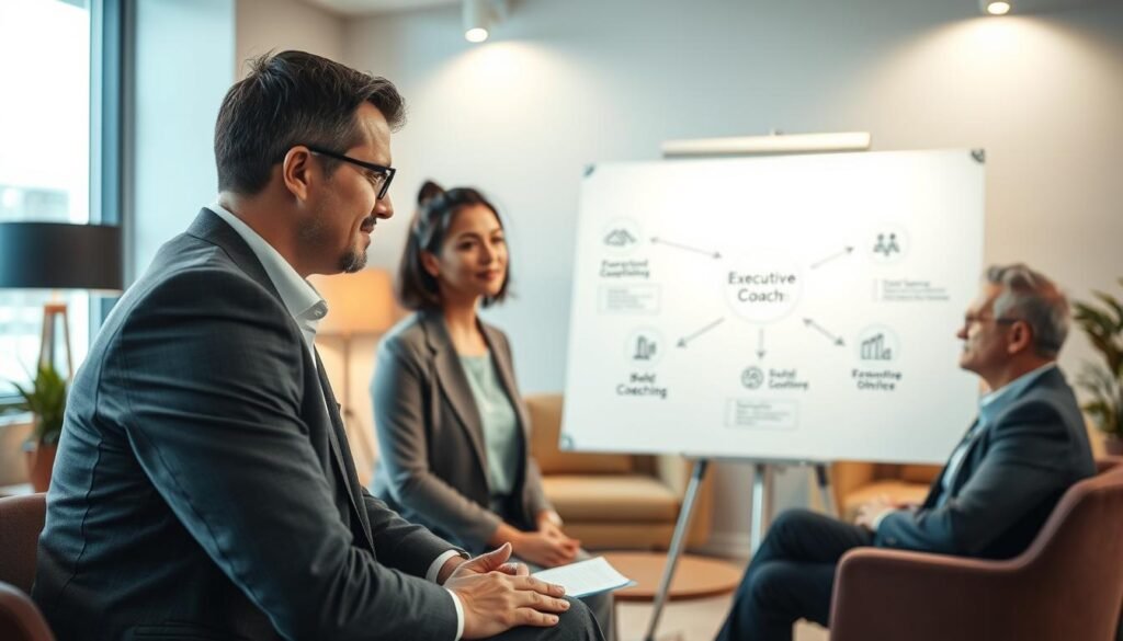 A hyper-realistic, high-quality image of the executive coaching process. In the foreground, a professional executive coach and a business leader engaged in a one-on-one discussion, their expressions thoughtful and focused. In the middle ground, a whiteboard showcasing a visual framework of the coaching methodology, with arrows and diagrams outlining the distinct phases. The background depicts a modern, well-appointed office setting, with tasteful furnishings and warm lighting creating a comfortable, productive atmosphere. The overall scene conveys the collaborative, transformative nature of the executive coaching experience. A hyper-realistic, high-quality image of the executive coaching process. In the foreground, a professional executive coach and a business leader engaged in a one-on-one discussion, their expressions thoughtful and focused. In the middle ground, a whiteboard showcasing a visual framework of the coaching methodology, with arrows and diagrams outlining the distinct phases. The background depicts a modern, well-appointed office setting, with tasteful furnishings and warm lighting creating a comfortable, productive atmosphere. The overall scene conveys the collaborative, transformative nature of the executive coaching experience.