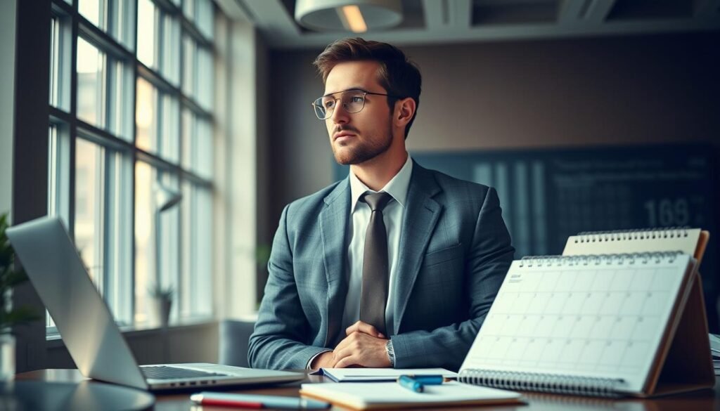 A hyper-realistic, highly detailed, cinematic photograph of a person in a business suit, standing in a modern, well-lit office setting, deep in thought, with a look of concentration on their face, surrounded by various productivity-enhancing tools and resources such as a laptop, a planner, a calendar, and a pen. The scene conveys a sense of focus, efficiency, and personal growth, capturing the essence of coaching for time management and productivity. A hyper-realistic, highly detailed, cinematic photograph of a person in a business suit, standing in a modern, well-lit office setting, deep in thought, with a look of concentration on their face, surrounded by various productivity-enhancing tools and resources such as a laptop, a planner, a calendar, and a pen. The scene conveys a sense of focus, efficiency, and personal growth, capturing the essence of coaching for time management and productivity.