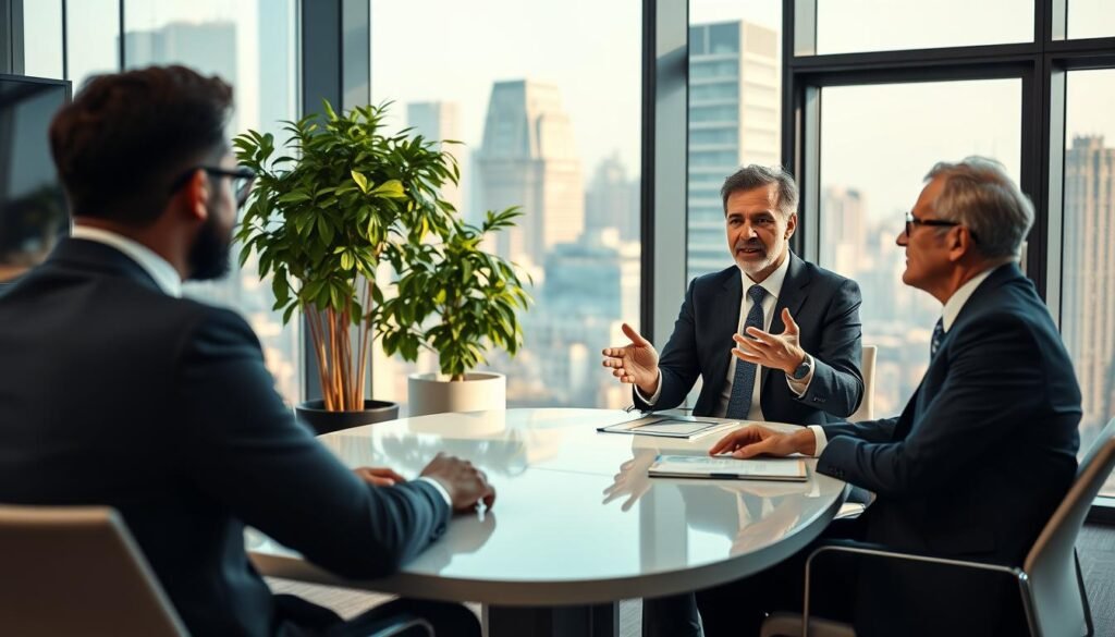 A hyper-realistic image of an executive coaching session in a modern, stylish office setting. The foreground features a mid-shot of an experienced coach in a suit, gesturing expressively while engaged in a thoughtful discussion with a client in business attire, both seated around a sleek conference table. The middle ground showcases a lush, green potted plant and a large, floor-to-ceiling window overlooking a bustling city skyline. The background is softly blurred, emphasizing the intimate, focused atmosphere of the coaching interaction. Warm, directional lighting casts subtle shadows, highlighting the professionals' faces and creating a sense of depth and dimension. The overall scene conveys the value of executive coaching - a collaborative, transformative process that can elevate leaders and organizations. A hyper-realistic image of an executive coaching session in a modern, stylish office setting. The foreground features a mid-shot of an experienced coach in a suit, gesturing expressively while engaged in a thoughtful discussion with a client in business attire, both seated around a sleek conference table. The middle ground showcases a lush, green potted plant and a large, floor-to-ceiling window overlooking a bustling city skyline. The background is softly blurred, emphasizing the intimate, focused atmosphere of the coaching interaction. Warm, directional lighting casts subtle shadows, highlighting the professionals' faces and creating a sense of depth and dimension. The overall scene conveys the value of executive coaching - a collaborative, transformative process that can elevate leaders and organizations.