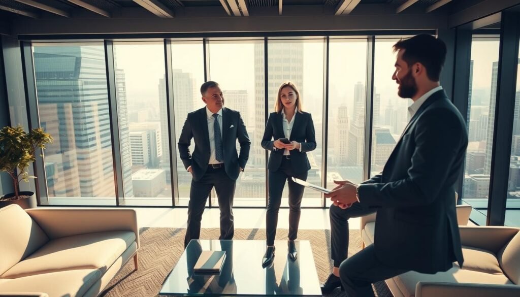 A hyper realistic photo of a dynamic, modern office setting where two business professionals are engaged in a collaborative discussion. The foreground shows the two individuals, one a seasoned executive with an air of confidence, the other a driven young leader brimming with fresh ideas. Their body language and expressions convey a sense of mutual respect and intellectual exchange. The middle ground features sleek, minimalist furniture and clean lines, creating a sophisticated, innovative ambiance. The background showcases floor-to-ceiling windows overlooking a bustling cityscape, bathed in warm, natural lighting that enhances the sense of progress and opportunity. The overall mood is one of productive, adaptive leadership, where new perspectives are embraced and shared for the benefit of the organization. A hyper realistic photo of a dynamic, modern office setting where two business professionals are engaged in a collaborative discussion. The foreground shows the two individuals, one a seasoned executive with an air of confidence, the other a driven young leader brimming with fresh ideas. Their body language and expressions convey a sense of mutual respect and intellectual exchange. The middle ground features sleek, minimalist furniture and clean lines, creating a sophisticated, innovative ambiance. The background showcases floor-to-ceiling windows overlooking a bustling cityscape, bathed in warm, natural lighting that enhances the sense of progress and opportunity. The overall mood is one of productive, adaptive leadership, where new perspectives are embraced and shared for the benefit of the organization.
