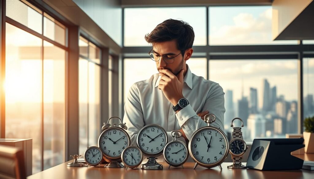 A hyper-realistic scene of a person standing in a modern office, thoughtfully gazing at an array of analog and digital clocks, watches, and calendars on the desk in front of them. Soft, warm lighting illuminates the workspace, creating a contemplative atmosphere. The individual appears focused, as if evaluating strategies to optimize their time management. In the background, a large window overlooks a bustling city skyline, symbolizing the ever-changing demands of the professional world. The scene conveys the benefits of coaching in effectively managing one's time and achieving greater productivity. A hyper-realistic scene of a person standing in a modern office, thoughtfully gazing at an array of analog and digital clocks, watches, and calendars on the desk in front of them. Soft, warm lighting illuminates the workspace, creating a contemplative atmosphere. The individual appears focused, as if evaluating strategies to optimize their time management. In the background, a large window overlooks a bustling city skyline, symbolizing the ever-changing demands of the professional world. The scene conveys the benefits of coaching in effectively managing one's time and achieving greater productivity.