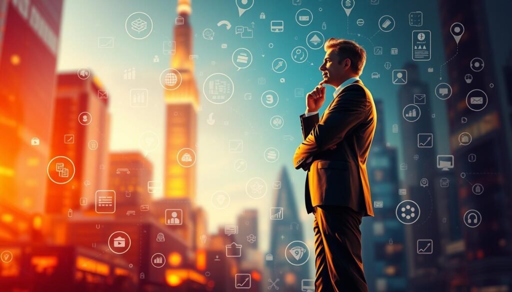 A modern, hyper-realistic digital painting of a business leader standing in a thoughtful pose, surrounded by a swirl of adaptable strategies and insights. The figure is illuminated by a warm, dynamic lighting, casting intricate shadows that convey a sense of depth and dimension. The background features a blurred, abstract cityscape, hinting at the complex, ever-changing business landscape. The overall composition and color palette evoke a sense of adaptive leadership, strategic innovation, and visionary thinking. A modern, hyper-realistic digital painting of a business leader standing in a thoughtful pose, surrounded by a swirl of adaptable strategies and insights. The figure is illuminated by a warm, dynamic lighting, casting intricate shadows that convey a sense of depth and dimension. The background features a blurred, abstract cityscape, hinting at the complex, ever-changing business landscape. The overall composition and color palette evoke a sense of adaptive leadership, strategic innovation, and visionary thinking.
