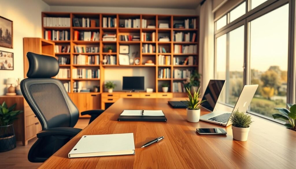 A neatly organized home office with a large wooden desk, a comfortable ergonomic chair, and an array of productivity-enhancing tools and gadgets. Soft, warm lighting illuminates the space, creating a calm and focused atmosphere. On the desk, a pristine journal and a high-quality pen sit alongside a laptop, smartphone, and a potted plant, all arranged in a visually appealing manner. The background features an expansive bookshelf filled with relevant literature, and a large window overlooking a tranquil outdoor scene, providing a sense of balance and inspiration. The overall scene conveys a harmonious blend of functionality, organization, and personal touches to optimize time management and productivity. A neatly organized home office with a large wooden desk, a comfortable ergonomic chair, and an array of productivity-enhancing tools and gadgets. Soft, warm lighting illuminates the space, creating a calm and focused atmosphere. On the desk, a pristine journal and a high-quality pen sit alongside a laptop, smartphone, and a potted plant, all arranged in a visually appealing manner. The background features an expansive bookshelf filled with relevant literature, and a large window overlooking a tranquil outdoor scene, providing a sense of balance and inspiration. The overall scene conveys a harmonious blend of functionality, organization, and personal touches to optimize time management and productivity.
