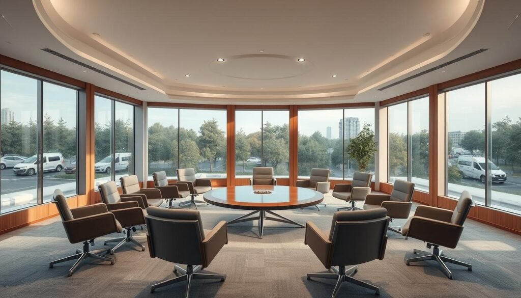 A panoramic, hyper-realistic photograph of an elegant, modern leadership coaching center. The spacious, well-lit interior features a central circular conference table surrounded by comfortable ergonomic chairs. Soft, diffused lighting from overhead fixtures creates a warm, inviting atmosphere. Sleek, contemporary decor in muted tones of gray, white, and wood accents convey a sense of professionalism and authority. Large windows offer scenic views of a tranquil, tree-lined urban landscape, infusing the space with a calming, introspective mood ideal for cultivating effective leadership skills and mindsets. A panoramic, hyper-realistic photograph of an elegant, modern leadership coaching center. The spacious, well-lit interior features a central circular conference table surrounded by comfortable ergonomic chairs. Soft, diffused lighting from overhead fixtures creates a warm, inviting atmosphere. Sleek, contemporary decor in muted tones of gray, white, and wood accents convey a sense of professionalism and authority. Large windows offer scenic views of a tranquil, tree-lined urban landscape, infusing the space with a calming, introspective mood ideal for cultivating effective leadership skills and mindsets.