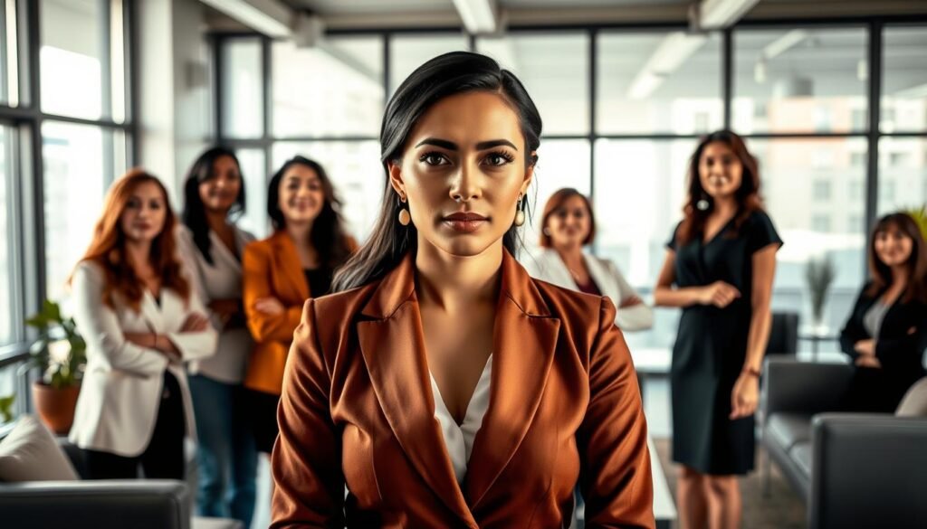 A professional, confident businesswoman stands in the foreground, her gaze determined and her posture conveying a sense of empowerment. She is surrounded by a diverse group of women in various leadership roles, each emanating a strong, capable presence. The scene is set in a modern, well-appointed office space, with sleek furniture and floor-to-ceiling windows that flood the room with natural light. The lighting is soft and flattering, accentuating the women's features and highlighting the collaborative, supportive atmosphere. The overall mood is one of inspirational leadership, showcasing the impact and influence of Colombian women in executive positions.