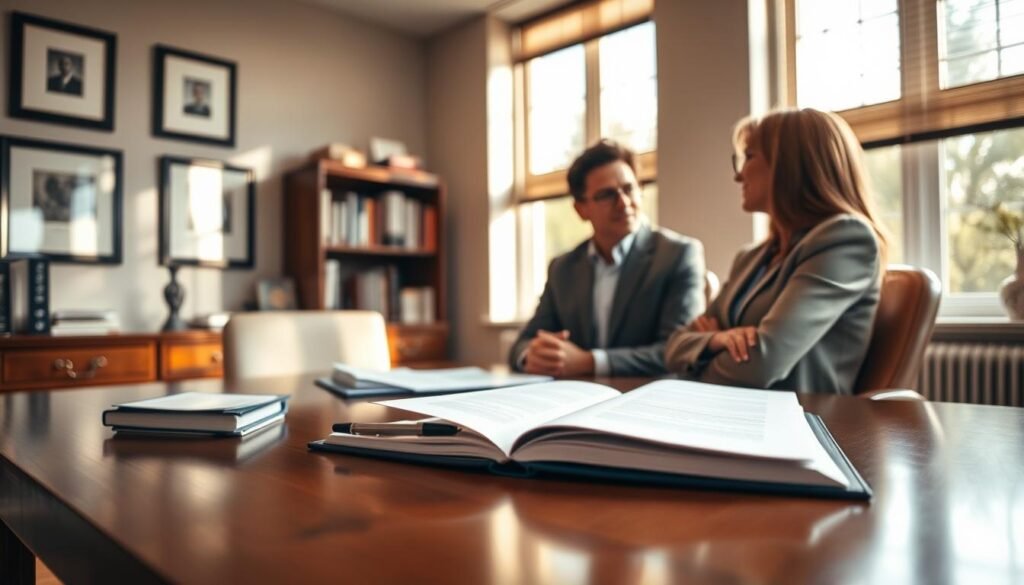 A serene executive office setting, bathed in warm, natural lighting from large windows. On the desk, an open notebook and a pen, symbolizing the thoughtful dialogue between coach and client. In the background, a bookshelf and framed diplomas, conveying professionalism and expertise. Two figures, the coach and the executive, engaged in a focused discussion, their body language suggesting a collaborative, empowering atmosphere. The scene evokes a sense of clarity, insight, and personal growth, capturing the transformative benefits of executive coaching. A serene executive office setting, bathed in warm, natural lighting from large windows. On the desk, an open notebook and a pen, symbolizing the thoughtful dialogue between coach and client. In the background, a bookshelf and framed diplomas, conveying professionalism and expertise. Two figures, the coach and the executive, engaged in a focused discussion, their body language suggesting a collaborative, empowering atmosphere. The scene evokes a sense of clarity, insight, and personal growth, capturing the transformative benefits of executive coaching.