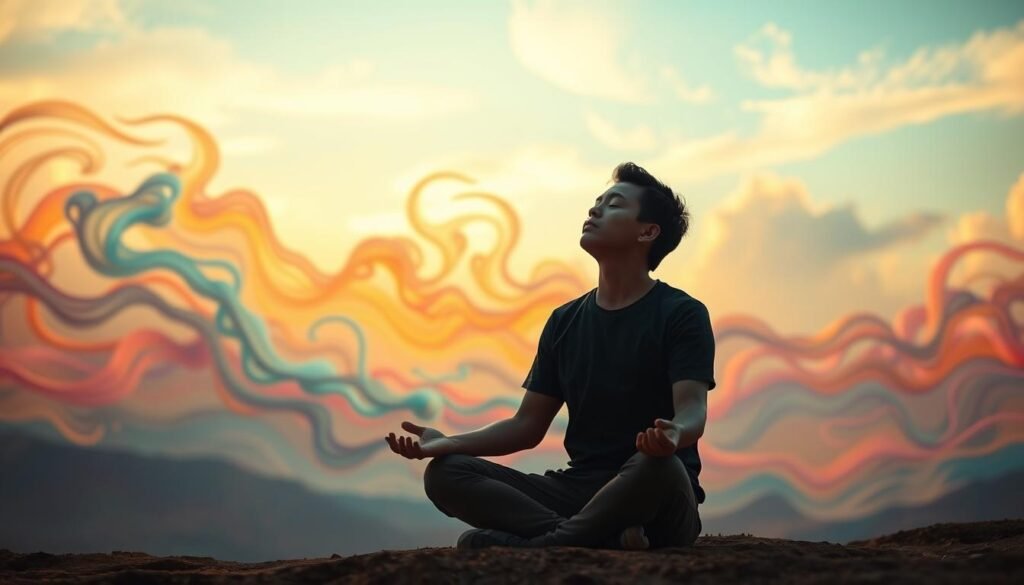 A serene, hyper-realistic scene depicting emotional intelligence. In the foreground, a person sitting in a meditative pose, eyes closed, exuding a sense of tranquility and self-awareness. The middle ground features a vibrant, abstract landscape of swirling colors and shapes, symbolizing the dynamic interplay of emotions. In the background, a softly lit sky with wispy clouds, suggesting a sense of inner balance and connection to the natural world. The lighting is warm and diffused, creating a calming, contemplative atmosphere. Captured with a wide-angle lens to convey a holistic, expansive view of the concept of emotional intelligence.