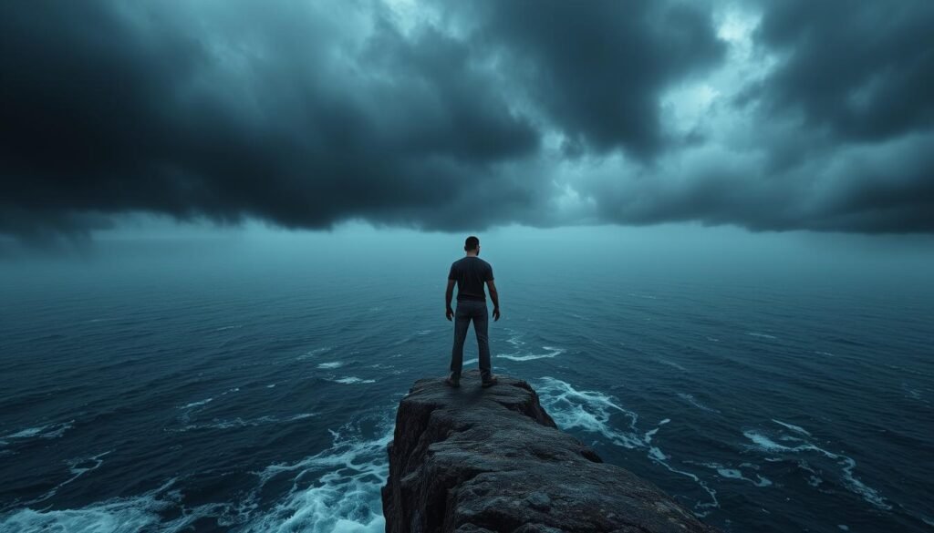 A solitary individual stands at the precipice of a towering cliff, gazing out over a vast, turbulent sea. Dark storm clouds loom overhead, casting an ominous, foreboding atmosphere. The figure's posture is tense, their expression one of resolve and determination, as they confront the challenges presented by the raging elements. The scene is bathed in a moody, dramatic lighting, emphasizing the drama and intensity of the moment. Captured in a hyper-realistic photographic style, the image conveys a sense of the individual's inner strength and resilience in the face of the daunting, crisis-like situation they must navigate. A solitary individual stands at the precipice of a towering cliff, gazing out over a vast, turbulent sea. Dark storm clouds loom overhead, casting an ominous, foreboding atmosphere. The figure's posture is tense, their expression one of resolve and determination, as they confront the challenges presented by the raging elements. The scene is bathed in a moody, dramatic lighting, emphasizing the drama and intensity of the moment. Captured in a hyper-realistic photographic style, the image conveys a sense of the individual's inner strength and resilience in the face of the daunting, crisis-like situation they must navigate.