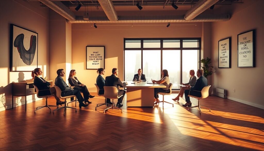 A sophisticated executive coaching workshop set in a modern, minimalist office space. Warm natural lighting illuminates the scene, casting long shadows on the parquet flooring. In the foreground, a group of professionals seated around a sleek conference table, engaged in deep discussion. On the walls, abstract art and framed motivational quotes create an atmosphere of intellectual dynamism. In the background, the cityscape visible through large windows, hinting at the global context of the coaching methodologies being explored. Overall, a high-caliber, inspiring environment conducive to transformative personal and professional development. A sophisticated executive coaching workshop set in a modern, minimalist office space. Warm natural lighting illuminates the scene, casting long shadows on the parquet flooring. In the foreground, a group of professionals seated around a sleek conference table, engaged in deep discussion. On the walls, abstract art and framed motivational quotes create an atmosphere of intellectual dynamism. In the background, the cityscape visible through large windows, hinting at the global context of the coaching methodologies being explored. Overall, a high-caliber, inspiring environment conducive to transformative personal and professional development.