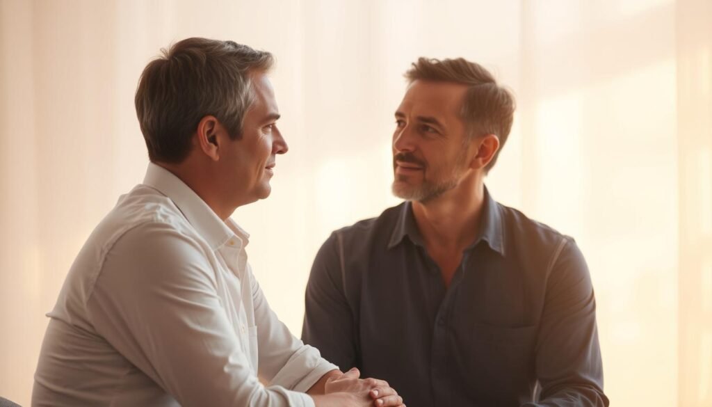A transformational coaching session in a serene, sunlit studio. A client and a coach sit face-to-face, engaged in a deep, introspective dialogue. The client's expression is one of profound contemplation, while the coach's gaze conveys empathy and wisdom. Soft, diffused lighting illuminates their features, creating a sense of warmth and intimacy. The background blurs into a hazy, ethereal landscape, allowing the viewer to focus on the profound connection between the two individuals. The scene emanates a sense of transformation, personal growth, and the power of human-centered coaching. A transformational coaching session in a serene, sunlit studio. A client and a coach sit face-to-face, engaged in a deep, introspective dialogue. The client's expression is one of profound contemplation, while the coach's gaze conveys empathy and wisdom. Soft, diffused lighting illuminates their features, creating a sense of warmth and intimacy. The background blurs into a hazy, ethereal landscape, allowing the viewer to focus on the profound connection between the two individuals. The scene emanates a sense of transformation, personal growth, and the power of human-centered coaching.