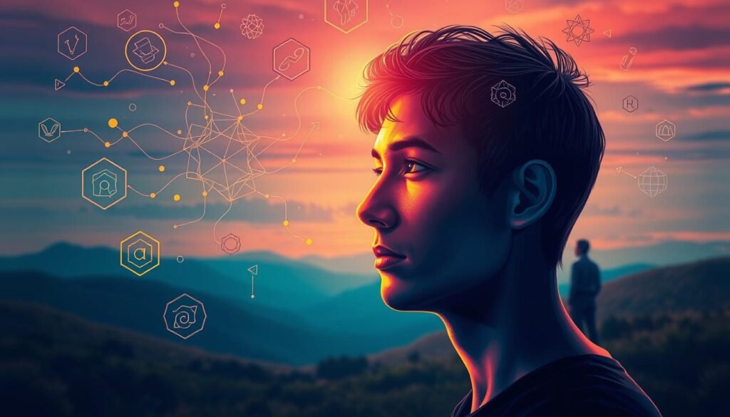 A vibrant, hyper-realistic illustration depicting strategies for developing emotional intelligence. In the foreground, a person in deep contemplation, their face illuminated by a soft, warm light. Surrounding them, intricate visual metaphors for emotional awareness, self-regulation, and interpersonal skills - flowing lines, geometric shapes, and abstract symbols. In the middle ground, a serene landscape with rolling hills and a calming sky, suggesting the peaceful, meditative state required for emotional growth. In the background, a faint silhouette of a mentor or guide, guiding the individual on their journey of emotional development. The overall atmosphere is one of focus, introspection, and the transformative power of emotional intelligence.