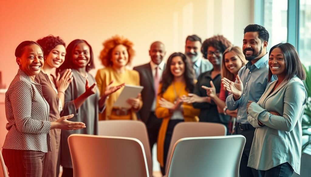 A vibrant, hyper-realistic scene depicting the benefits of inclusive leadership. A diverse group of professionals standing together, their expressions radiant with empowerment and collaboration. Warm, natural lighting bathes the scene, highlighting the harmonious interplay of gender, race, and age. The foreground showcases individuals gesturing animatedly, their body language exuding confidence and camaraderie. In the middle ground, a circular arrangement of chairs implies a supportive, inclusive meeting space. The background blurs into a serene, professional office environment, conveying a sense of progress and opportunity. The overall mood is one of synergy, where diverse perspectives converge to drive success.
