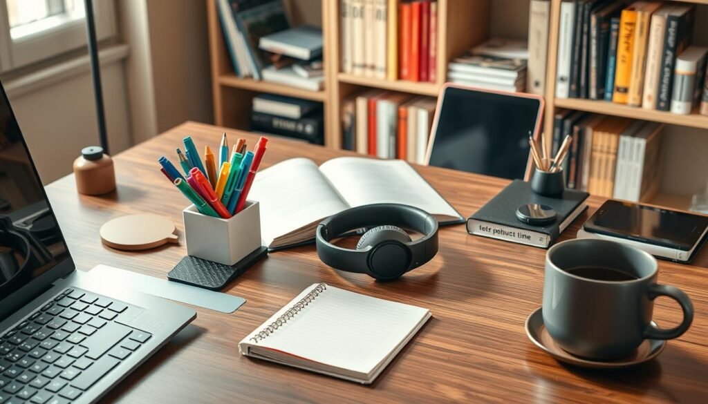 A well-organized workspace with various productivity tools and techniques. In the foreground, an ergonomic desk setup with a laptop, smartphone, and a sleek mechanical keyboard. On the desk, a minimalist desk organizer holds an array of colorful pens, highlighters, and sticky notes. The middle ground features an open notebook, a pair of noise-cancelling headphones, and a cup of coffee, all casting subtle shadows under the warm, soft lighting. In the background, a bookshelf displays a collection of productivity-themed books and digital devices like a tablet and smartwatch. The overall scene conveys a sense of focus, efficiency, and a streamlined approach to time management and productivity. A well-organized workspace with various productivity tools and techniques. In the foreground, an ergonomic desk setup with a laptop, smartphone, and a sleek mechanical keyboard. On the desk, a minimalist desk organizer holds an array of colorful pens, highlighters, and sticky notes. The middle ground features an open notebook, a pair of noise-cancelling headphones, and a cup of coffee, all casting subtle shadows under the warm, soft lighting. In the background, a bookshelf displays a collection of productivity-themed books and digital devices like a tablet and smartwatch. The overall scene conveys a sense of focus, efficiency, and a streamlined approach to time management and productivity.