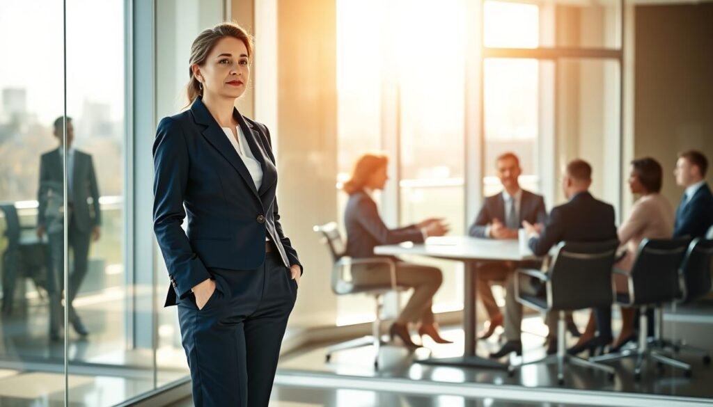 An executive woman in a crisp, navy blue pantsuit stands confidently in a sunlit office, her expression thoughtful yet resolute. Reflected in the glass windows behind her, a diverse team of leaders, both men and women, collaborate at a conference table, their body language indicating an open, respectful dialogue. The scene conveys a sense of progressive, gender-inclusive leadership, illuminated by warm, natural lighting that casts a positive, empowering atmosphere. Captured with a wide-angle lens to emphasize the spacious, professional setting, this hyper-realistic photograph illustrates the essence of "Gender Perspective in Leadership".