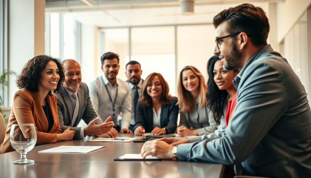 Detailed, hyper-realistic photograph of a diverse group of business leaders engaged in a dynamic discussion around a conference table. The foreground features three individuals - a man and two women - leaning in and gesturing animatedly, conveying a sense of thoughtful collaboration. The middle ground shows the rest of the team, representing a range of ages, ethnicities, and genders, listening intently. The background depicts a spacious, well-lit office space with modern, minimalist decor, suggesting a progressive, inclusive work environment. The lighting is warm and natural, creating a sense of openness and approachability. The overall atmosphere suggests a productive, innovative meeting focused on strategies for inclusive leadership.