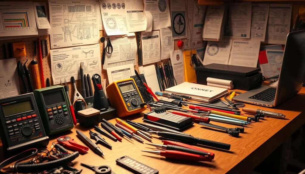Essential tools for high-performing teams: a meticulously organized workbench with a diverse array of precision instruments, diagnostic devices, and innovative problem-solving implements. The scene is bathed in warm, directional lighting that casts dynamic shadows, highlighting the tools' intricate details and casting a profound sense of focus and determination. The foreground features the core essentials - sturdy pliers, multimeters, soldering irons, and an ergonomic laptop - while the middle ground showcases specialized measurement gauges, cutting tools, and state-of-the-art data analysis software. In the background, a collection of technical manuals, reference materials, and inspirational schematics hint at the breadth of knowledge and creativity necessary to foster high-performance teams. Essential tools for high-performing teams: a meticulously organized workbench with a diverse array of precision instruments, diagnostic devices, and innovative problem-solving implements. The scene is bathed in warm, directional lighting that casts dynamic shadows, highlighting the tools' intricate details and casting a profound sense of focus and determination. The foreground features the core essentials - sturdy pliers, multimeters, soldering irons, and an ergonomic laptop - while the middle ground showcases specialized measurement gauges, cutting tools, and state-of-the-art data analysis software. In the background, a collection of technical manuals, reference materials, and inspirational schematics hint at the breadth of knowledge and creativity necessary to foster high-performance teams.