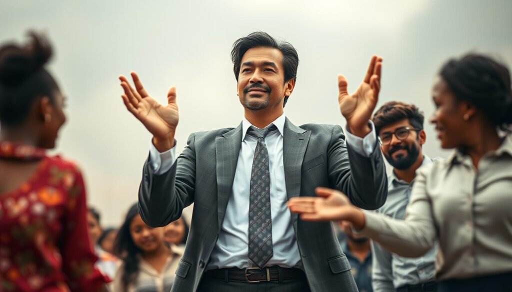 Hyper realistic photos of a charismatic leader guiding a diverse group of people through a complex and ever-changing landscape. The leader, dressed in formal attire, stands in the center, hands raised in a gesture of adaptive authority. Around them, the team navigates obstacles, their faces expressing determination and adaptability. The background blurs into a tapestry of muted colors, suggesting the fluid and unpredictable nature of the situation. Soft, directional lighting illuminates the leader's face, conveying a sense of forward-thinking vision. The composition emphasizes the leader's ability to navigate uncertainty and empower their team to thrive in an adaptable, collaborative environment. Hyper realistic photos of a charismatic leader guiding a diverse group of people through a complex and ever-changing landscape. The leader, dressed in formal attire, stands in the center, hands raised in a gesture of adaptive authority. Around them, the team navigates obstacles, their faces expressing determination and adaptability. The background blurs into a tapestry of muted colors, suggesting the fluid and unpredictable nature of the situation. Soft, directional lighting illuminates the leader's face, conveying a sense of forward-thinking vision. The composition emphasizes the leader's ability to navigate uncertainty and empower their team to thrive in an adaptable, collaborative environment.