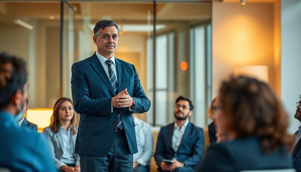 Vivid executive leadership scene in a professional office environment. A confident, well-dressed leader stands at the forefront, gesturing and addressing an attentive audience. Behind them, a team of focused colleagues collaborate, highlighting the importance of effective communication in guiding a group. Warm, soft lighting illuminates the space, creating an atmosphere of clarity and focus. The composition emphasizes the leader's poise and the team's cohesion, conveying the power of clear, impactful communication in executive leadership. Vivid executive leadership scene in a professional office environment. A confident, well-dressed leader stands at the forefront, gesturing and addressing an attentive audience. Behind them, a team of focused colleagues collaborate, highlighting the importance of effective communication in guiding a group. Warm, soft lighting illuminates the space, creating an atmosphere of clarity and focus. The composition emphasizes the leader's poise and the team's cohesion, conveying the power of clear, impactful communication in executive leadership.