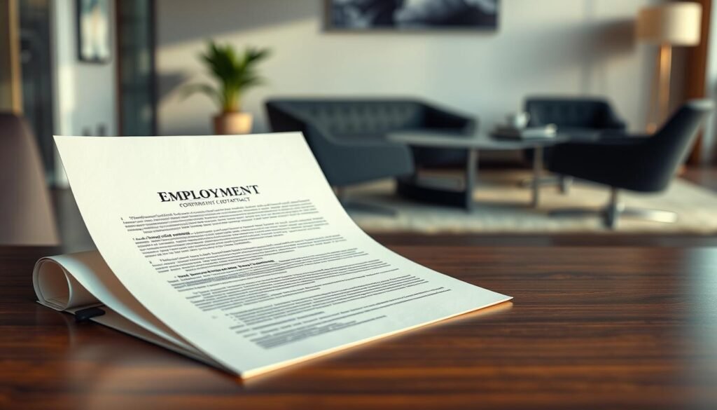 A detailed and professional-looking contract for employment, prominently displayed on a clean, minimalist desk. The contract is made of crisp, off-white paper with a subtle embossed texture, resting atop a polished, dark wood surface. Warm, natural lighting casts gentle shadows, highlighting the important details. In the background, a blurred, elegant office setting with sleek, modern furnishings provides a sophisticated context. The composition emphasizes the significance and formality of the employment contract, conveying a sense of professionalism and legality associated with the hiring process. A detailed and professional-looking contract for employment, prominently displayed on a clean, minimalist desk. The contract is made of crisp, off-white paper with a subtle embossed texture, resting atop a polished, dark wood surface. Warm, natural lighting casts gentle shadows, highlighting the important details. In the background, a blurred, elegant office setting with sleek, modern furnishings provides a sophisticated context. The composition emphasizes the significance and formality of the employment contract, conveying a sense of professionalism and legality associated with the hiring process.