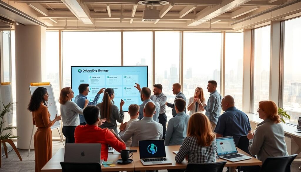 A bright, airy office setting with a team collaborating on a digital onboarding process. In the foreground, a team of diverse professionals huddled around a large touchscreen, gesturing animatedly as they review step-by-step onboarding workflows. The middle ground features a modern, minimalist workspace with scattered whiteboards, sticky notes, and laptop screens displaying progress metrics. The background showcases floor-to-ceiling windows overlooking a vibrant cityscape, bathing the scene in warm, natural light. The overall atmosphere conveys a sense of efficiency, transparency, and a streamlined, agile approach to onboarding new hires.