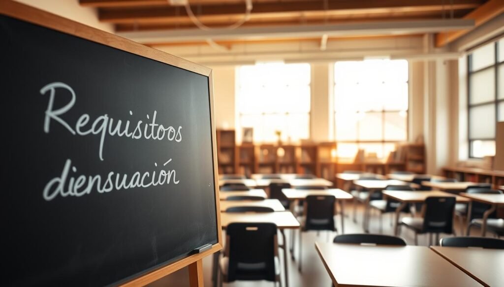 A brightly lit classroom setting, with a prominent chalkboard or whiteboard in the foreground. On the board, neatly written "Requisitos de inscripción" in elegant cursive script. In the middle ground, desks and chairs arranged in an orderly fashion, suggesting a formal educational environment. The background features shelves filled with books and educational materials, conveying a sense of knowledge and academia. Warm, natural lighting filters in through large windows, casting a welcoming glow over the scene. The overall atmosphere is one of professionalism, organization, and a focus on the important details of the enrollment process.
