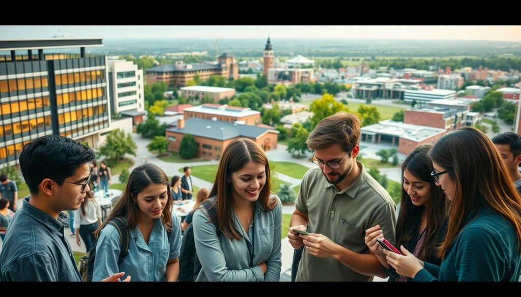 A bustling academic setting, with students engaged in hands-on learning and research. In the foreground, a group of young professionals collaborating on a project, their expressions focused and determined. The middle ground features a diverse array of educational facilities, from modern lecture halls to specialized laboratories. In the background, a picturesque campus landscape, with lush greenery and architecturally striking buildings. Warm, diffused lighting filters through the scene, creating a sense of productivity and intellectual growth. The overall atmosphere conveys the dynamic and multifaceted nature of professional development and educational pathways.