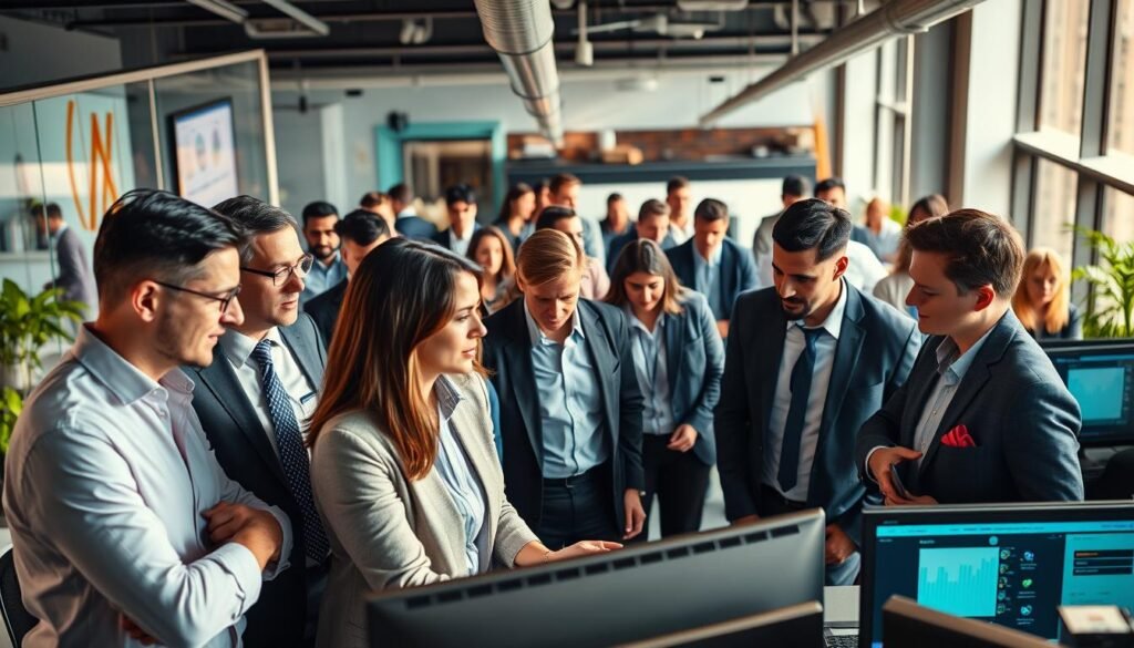 A bustling corporate office scene, showcasing a diverse range of professional profiles. In the foreground, a group of executives engaged in a lively discussion, their polished attire and confident demeanors embodying the C-level presence. In the middle ground, a team of mid-level managers collaborating over digital displays, their casual yet focused expressions reflecting the dynamic nature of their roles. In the background, a team of young, tech-savvy individuals, their vibrant outfits and casual poses hinting at the digital talent driving the organization forward. The scene is bathed in warm, natural lighting, captured through a wide-angle lens that accentuates the depth and scale of the workspace, creating a sense of professional harmony and growth. A bustling corporate office scene, showcasing a diverse range of professional profiles. In the foreground, a group of executives engaged in a lively discussion, their polished attire and confident demeanors embodying the C-level presence. In the middle ground, a team of mid-level managers collaborating over digital displays, their casual yet focused expressions reflecting the dynamic nature of their roles. In the background, a team of young, tech-savvy individuals, their vibrant outfits and casual poses hinting at the digital talent driving the organization forward. The scene is bathed in warm, natural lighting, captured through a wide-angle lens that accentuates the depth and scale of the workspace, creating a sense of professional harmony and growth.