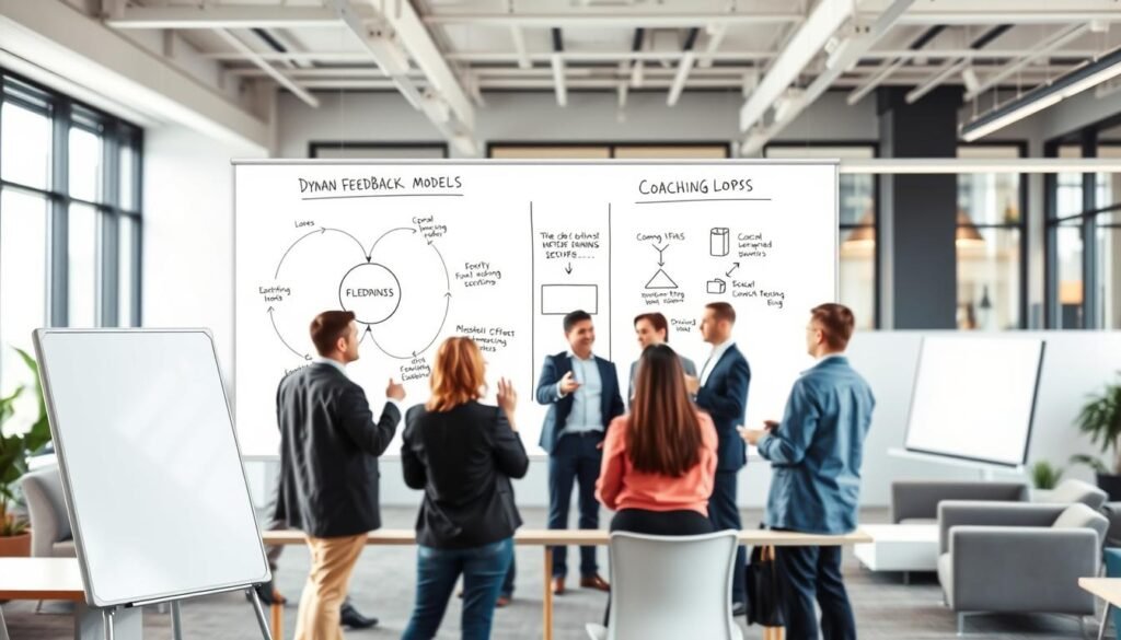 A bustling office setting, with a whiteboard prominently displayed in the foreground. On the whiteboard, dynamic models of feedback loops and coaching frameworks are elegantly illustrated using clean vector graphics and minimalist icons. The middle ground features a group of professionals engaged in a lively discussion, gesturing towards the whiteboard as they exchange ideas. The background showcases a modern, well-lit workspace with sleek furniture and large windows, conveying a sense of productivity and collaboration. The overall scene exudes a balance of structure, creativity, and a focus on continuous improvement through effective feedback and coaching. A bustling office setting, with a whiteboard prominently displayed in the foreground. On the whiteboard, dynamic models of feedback loops and coaching frameworks are elegantly illustrated using clean vector graphics and minimalist icons. The middle ground features a group of professionals engaged in a lively discussion, gesturing towards the whiteboard as they exchange ideas. The background showcases a modern, well-lit workspace with sleek furniture and large windows, conveying a sense of productivity and collaboration. The overall scene exudes a balance of structure, creativity, and a focus on continuous improvement through effective feedback and coaching.