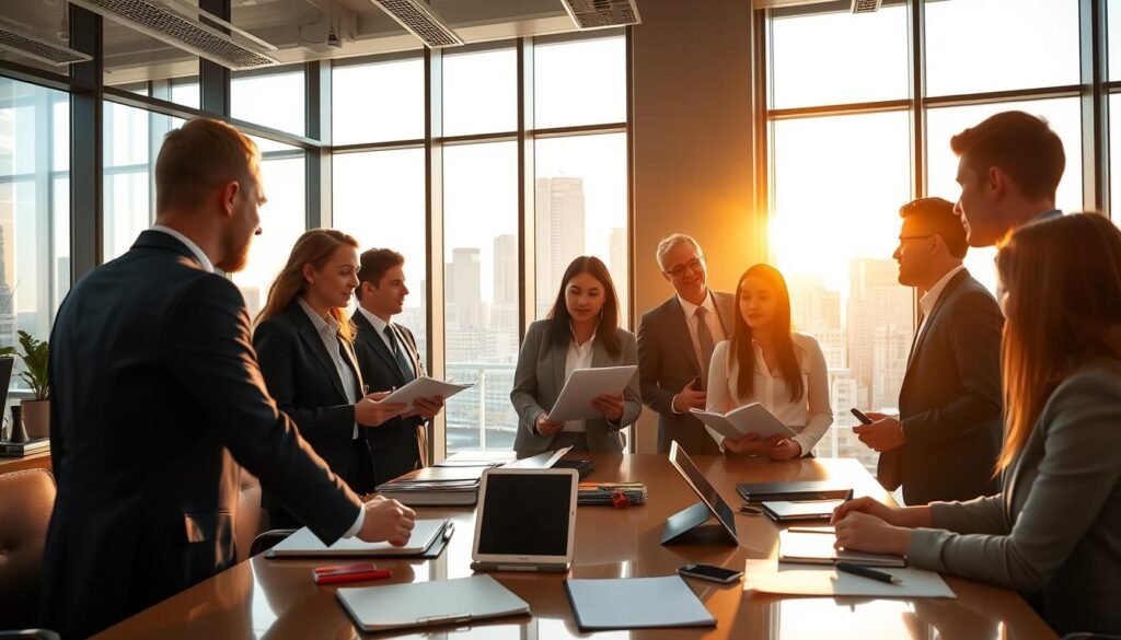 A bustling office setting with professionals in smart business attire engaged in collaborative discussions around a conference table. The lighting is warm and inviting, with floor-to-ceiling windows providing a view of a modern city skyline in the background. Folders, tablets, and writing utensils are neatly arranged, conveying a sense of organization and productivity. The atmosphere is one of dynamic teamwork, as the employees work together to tackle the challenges of human resources and employee relations.