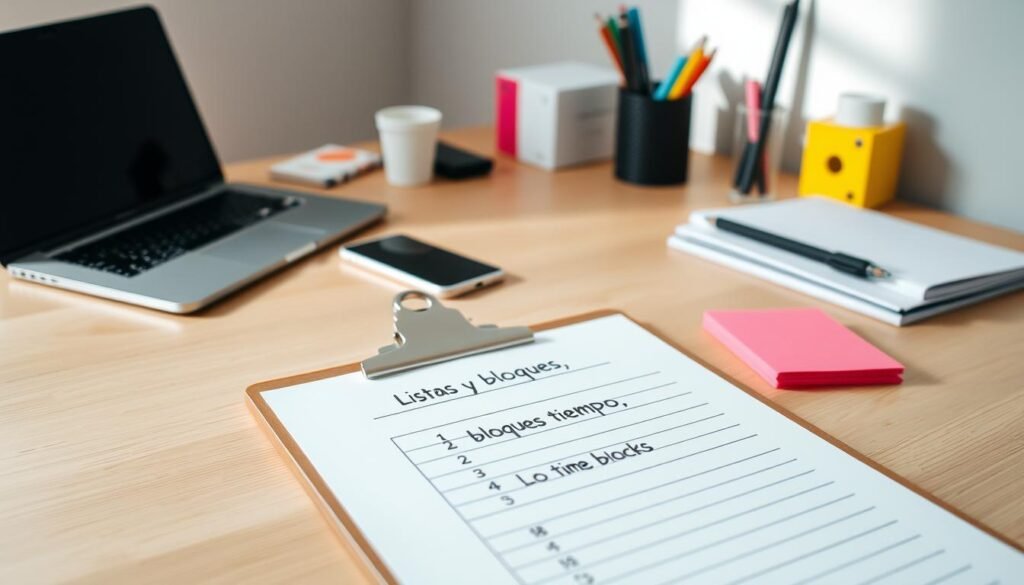 A clean, minimalist workspace with a wooden desk, a laptop, a smartphone, and various office supplies arranged neatly. In the foreground, a set of colorful sticky notes and a to-do list on a clipboard, representing the "listas y bloques tiempo" (lists and time blocks) concept. The lighting is soft and natural, creating a calm and productive atmosphere. The background is slightly blurred, drawing the viewer's attention to the organized desk setup and productivity tools. The overall scene conveys a sense of control, efficiency, and professional productivity. A clean, minimalist workspace with a wooden desk, a laptop, a smartphone, and various office supplies arranged neatly. In the foreground, a set of colorful sticky notes and a to-do list on a clipboard, representing the "listas y bloques tiempo" (lists and time blocks) concept. The lighting is soft and natural, creating a calm and productive atmosphere. The background is slightly blurred, drawing the viewer's attention to the organized desk setup and productivity tools. The overall scene conveys a sense of control, efficiency, and professional productivity.