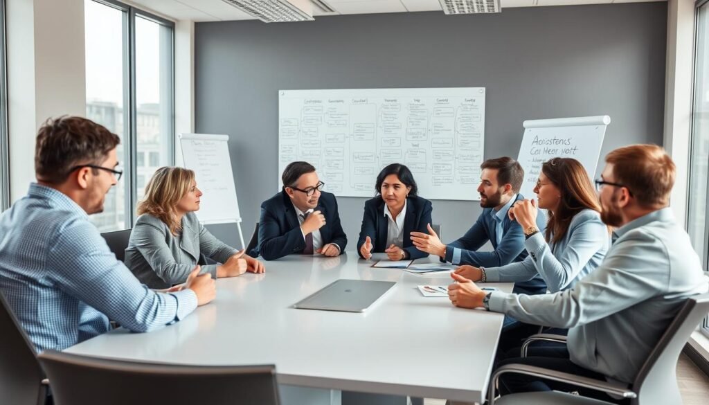 A conference room filled with middle managers, engaged in a lively discussion. The room is well-lit, with natural light streaming in through large windows. The managers sit around a sleek, modern conference table, leaning in and gesturing animatedly as they collaborate on a project. Their expressions convey a sense of focused intensity, as they work together to solve a complex problem. In the background, a whiteboard displays a mind map, outlining the key strategies and action items they are considering. The overall atmosphere is one of productive teamwork, as the managers leverage their collective experience and expertise to drive results. A conference room filled with middle managers, engaged in a lively discussion. The room is well-lit, with natural light streaming in through large windows. The managers sit around a sleek, modern conference table, leaning in and gesturing animatedly as they collaborate on a project. Their expressions convey a sense of focused intensity, as they work together to solve a complex problem. In the background, a whiteboard displays a mind map, outlining the key strategies and action items they are considering. The overall atmosphere is one of productive teamwork, as the managers leverage their collective experience and expertise to drive results.