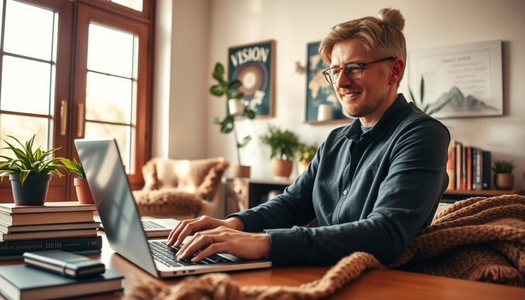 A cozy home office with a remote coach working intently on a laptop, surrounded by books, plants, and a cozy throw blanket. Warm, natural lighting filters through large windows, creating a serene and focused atmosphere. The coach's hands rest purposefully on the keyboard, conveying a sense of expertise and dedication. In the background, a vision board or inspirational artwork hangs on the wall, hinting at the coach's commitment to personal growth and development. The overall scene exudes a sense of professionalism, empathy, and a nurturing environment for virtual coaching sessions. A cozy home office with a remote coach working intently on a laptop, surrounded by books, plants, and a cozy throw blanket. Warm, natural lighting filters through large windows, creating a serene and focused atmosphere. The coach's hands rest purposefully on the keyboard, conveying a sense of expertise and dedication. In the background, a vision board or inspirational artwork hangs on the wall, hinting at the coach's commitment to personal growth and development. The overall scene exudes a sense of professionalism, empathy, and a nurturing environment for virtual coaching sessions.