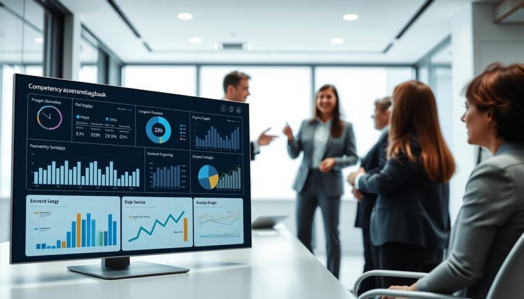 A crisp, professional-looking image of a corporate "competency assessment" diagnostic tool. The foreground features a sleek, minimalist dashboard display with various metrics, graphs, and visualization elements. The middle ground showcases a team of executives or managers engaged in a collaborative discussion, gesturing towards the display. The background is a modern office setting with clean lines, neutral tones, and subtle lighting that creates a sense of focus and productivity. The overall mood is one of analytical rigor, strategic planning, and data-driven decision-making - essential components of effective executive leadership. A crisp, professional-looking image of a corporate "competency assessment" diagnostic tool. The foreground features a sleek, minimalist dashboard display with various metrics, graphs, and visualization elements. The middle ground showcases a team of executives or managers engaged in a collaborative discussion, gesturing towards the display. The background is a modern office setting with clean lines, neutral tones, and subtle lighting that creates a sense of focus and productivity. The overall mood is one of analytical rigor, strategic planning, and data-driven decision-making - essential components of effective executive leadership.
