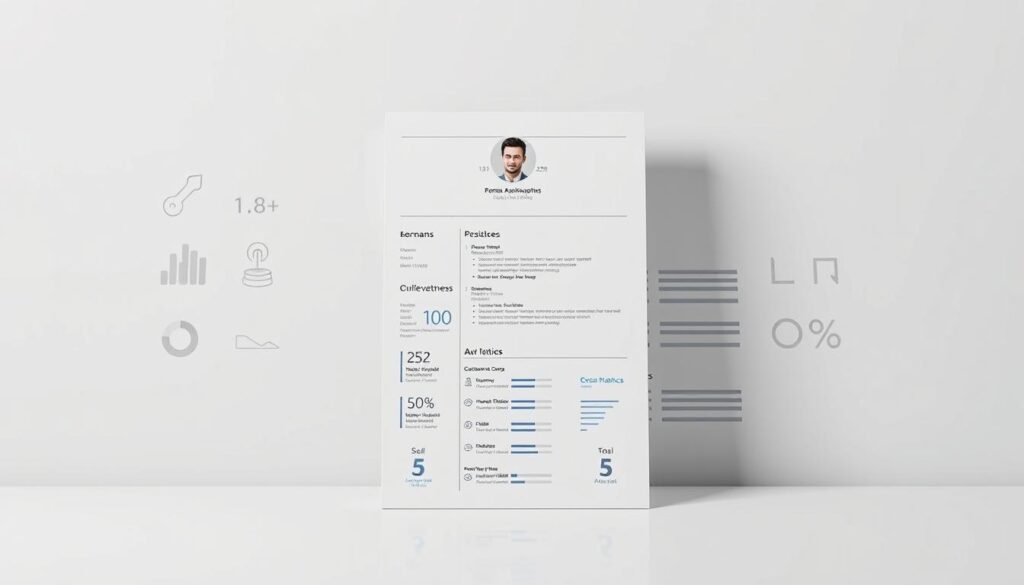 A crisp, well-designed resume layout showcasing quantifiable achievements in a clean, organized manner. The foreground features neatly arranged icons, infographics, and data visualizations highlighting key metrics, awards, and accolades. The middle ground depicts a professional headshot and contact information, framed by minimalist typography. The background maintains a subtle, neutral tone, allowing the resume content to take center stage. Soft, directional lighting casts an air of competence and credibility, while a high-resolution, hyper-realistic photographic style elevates the overall impression of a polished, impactful curriculum vitae. A crisp, well-designed resume layout showcasing quantifiable achievements in a clean, organized manner. The foreground features neatly arranged icons, infographics, and data visualizations highlighting key metrics, awards, and accolades. The middle ground depicts a professional headshot and contact information, framed by minimalist typography. The background maintains a subtle, neutral tone, allowing the resume content to take center stage. Soft, directional lighting casts an air of competence and credibility, while a high-resolution, hyper-realistic photographic style elevates the overall impression of a polished, impactful curriculum vitae.