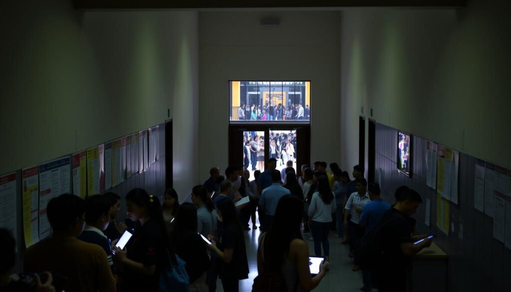 A dimly lit college campus hallway, the walls adorned with vibrant notices and announcements. In the foreground, a cluster of prospective students perusing the inscripción (enrollment) information, their faces illuminated by the soft glow of tablet screens. The middle ground reveals a long queue snaking towards an official-looking desk, where uniformed staff assist with the registration process. In the background, a set of double doors lead to a bustling courtyard, where students mill about, chatting and exchanging documents. The overall scene conveys a sense of hustle and anticipation, reflecting the dynamic energy of the SENA human resources training program in Colombia.