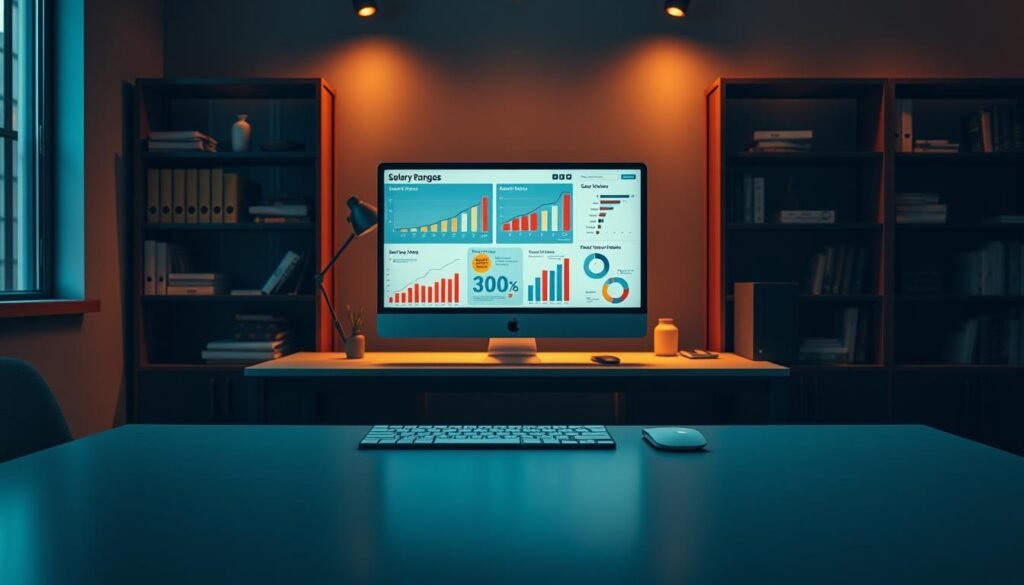 A dimly lit office scene with a modern, minimalist desk showcasing salary range charts and infographics related to human resources management. The desk is positioned in the foreground, bathed in warm, soft lighting that creates a professional, contemplative atmosphere. In the middle ground, a computer screen displays detailed salary data and analytics, while in the background, shelves with HR-related books and documents create a sense of depth and expertise. The overall composition emphasizes the importance of understanding salary ranges and compensation within the human resources field.