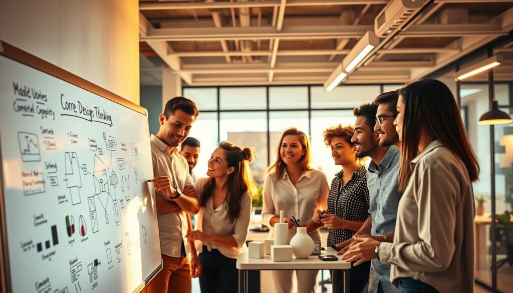 A dynamic, energetic scene depicting the core principles of design thinking. In the foreground, a diverse team collaborates on a whiteboard, sketching ideas and mapping connections. Warm, natural lighting illuminates their focused expressions. In the middle ground, 3D models, prototypes, and visual aids suggest an iterative, user-centric approach. The background showcases a sleek, modern office space with clean lines and minimalist decor, reflecting the efficient, streamlined nature of the design thinking process. The overall atmosphere conveys a sense of creativity, innovation, and problem-solving, perfectly capturing the essence of "Integración con Agile para ejecutar y escalar resultados". A dynamic, energetic scene depicting the core principles of design thinking. In the foreground, a diverse team collaborates on a whiteboard, sketching ideas and mapping connections. Warm, natural lighting illuminates their focused expressions. In the middle ground, 3D models, prototypes, and visual aids suggest an iterative, user-centric approach. The background showcases a sleek, modern office space with clean lines and minimalist decor, reflecting the efficient, streamlined nature of the design thinking process. The overall atmosphere conveys a sense of creativity, innovation, and problem-solving, perfectly capturing the essence of "Integración con Agile para ejecutar y escalar resultados".