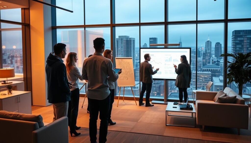 A dynamic, step-by-step process unfolding in a sleek, modern office setting. In the foreground, a team of professionals engaged in animated discussion, charts and diagrams projected on a large screen behind them. Warm lighting casts a focused glow, while minimalist furniture and clean lines create an atmosphere of efficiency and progress. The middle ground features strategically placed whiteboards and laptops, team members collaborating intently. In the background, floor-to-ceiling windows offer a cityscape view, symbolizing the growth and expansion of the high-performance team's efforts. An air of concentration and forward momentum permeates the scene. A dynamic, step-by-step process unfolding in a sleek, modern office setting. In the foreground, a team of professionals engaged in animated discussion, charts and diagrams projected on a large screen behind them. Warm lighting casts a focused glow, while minimalist furniture and clean lines create an atmosphere of efficiency and progress. The middle ground features strategically placed whiteboards and laptops, team members collaborating intently. In the background, floor-to-ceiling windows offer a cityscape view, symbolizing the growth and expansion of the high-performance team's efforts. An air of concentration and forward momentum permeates the scene.