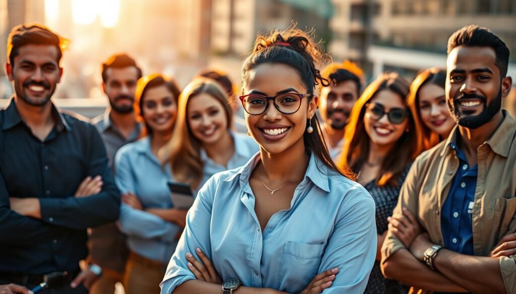 A dynamic, talent-filled scene in a vibrant Latin American setting. A diverse group of professionals stand confidently, their unique skills and expertise radiating outward. Warm, directional lighting illuminates their faces, capturing the passion and drive that defines their work. The background is a blurred cityscape, hinting at the bustling, opportunity-rich environment. This image conveys the essence of the "Talent" that headhunters in the region seek to uncover - a talented, multicultural workforce poised to drive innovation and success.