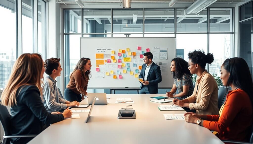 A group of diverse professionals collaborating in a modern, well-lit office setting. The foreground shows a team of 4-5 people engaged in an animated discussion around a sleek conference table, their body language conveying a sense of dynamic interaction and problem-solving. The middle ground features an expansive whiteboard behind them, with colorful sticky notes and diagrams indicating an active brainstorming session. The background showcases floor-to-ceiling windows, allowing natural light to flood the space and create a warm, inviting atmosphere. The overall mood is one of productive teamwork, strategic thinking, and a shared sense of purpose. A group of diverse professionals collaborating in a modern, well-lit office setting. The foreground shows a team of 4-5 people engaged in an animated discussion around a sleek conference table, their body language conveying a sense of dynamic interaction and problem-solving. The middle ground features an expansive whiteboard behind them, with colorful sticky notes and diagrams indicating an active brainstorming session. The background showcases floor-to-ceiling windows, allowing natural light to flood the space and create a warm, inviting atmosphere. The overall mood is one of productive teamwork, strategic thinking, and a shared sense of purpose.